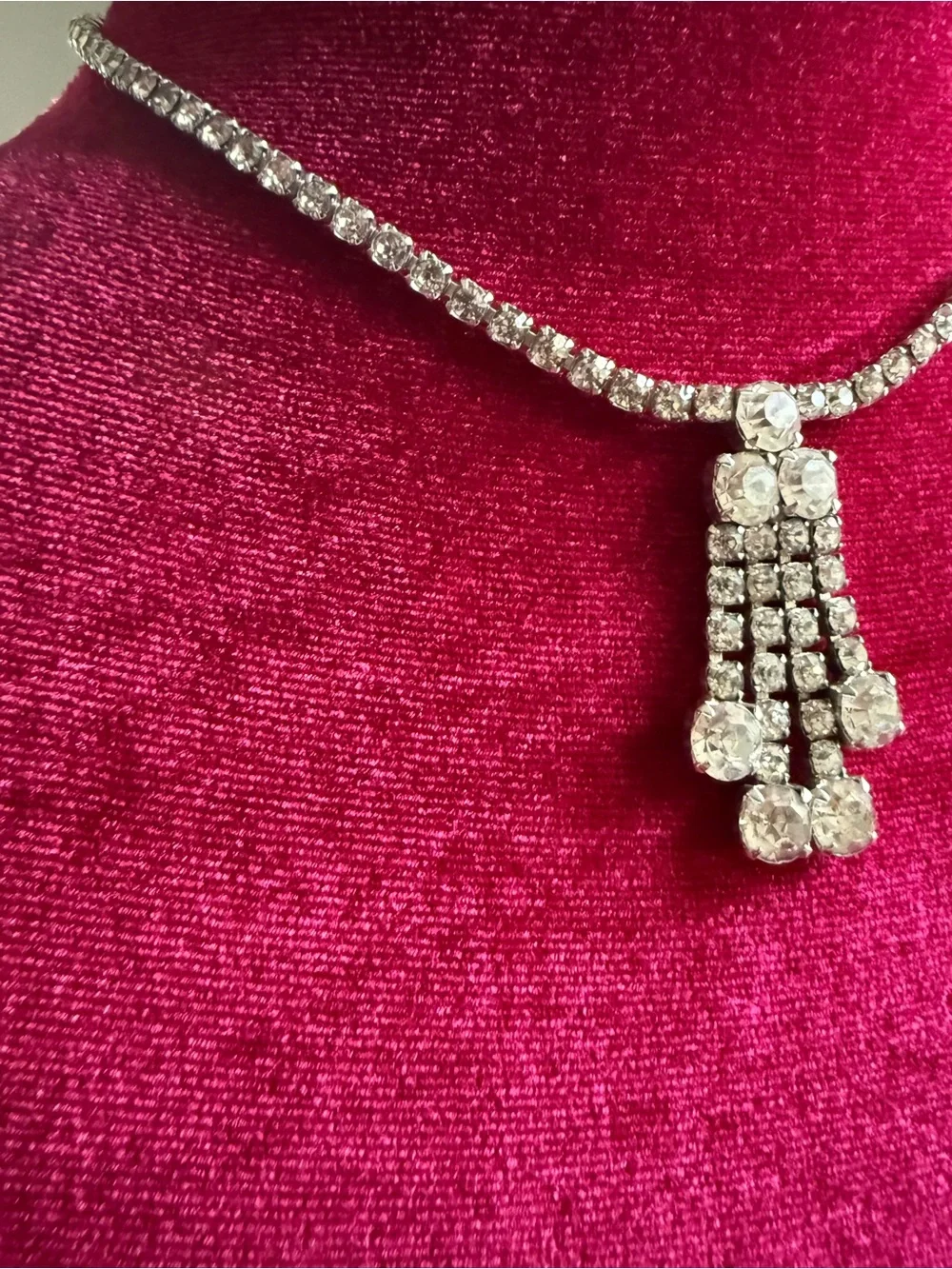 Vintage 1950s Rhinestone Necklace Silver Tone Dangle Fringe Mid Century 16.5”